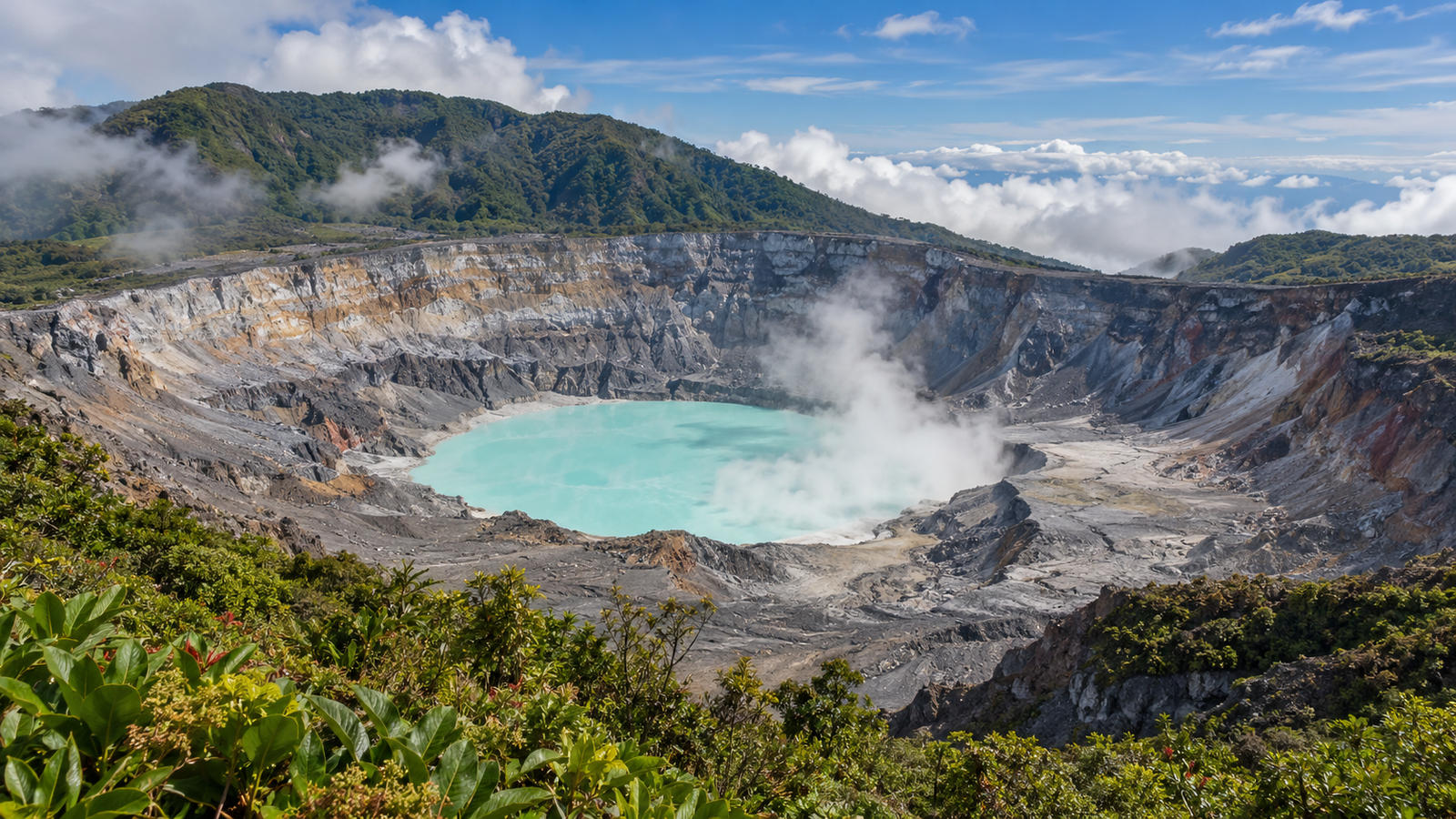 Ilustración del cráter y la laguna del volcán Poás, Costa Rica
